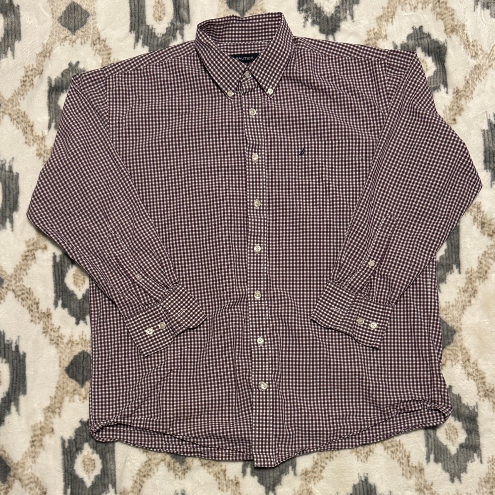 Nautica Men's Burgundy Checkered Button Down Shirt